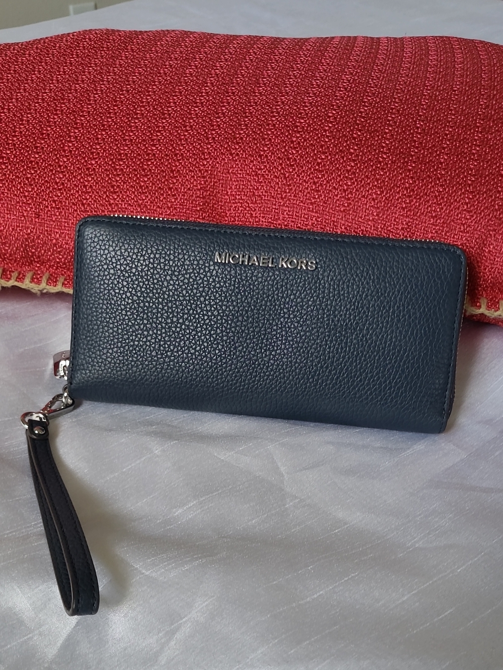 Michael Kors Travel Continental Pebbled Zip Wallet with Silver Logo